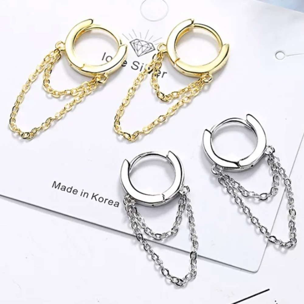 STERLING SILVER HOOP CHAIN DROP MINIMALIST EARRINGS - Picture 3 of 5